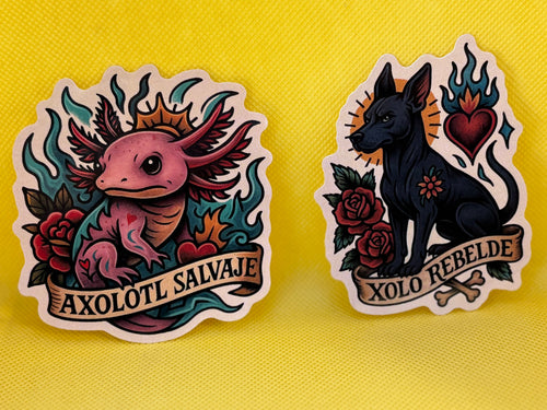 Axolotl Salvaje & Xolo Rebelde Sticker Set — Mexican Spirit Animal Vinyl Art Stickers